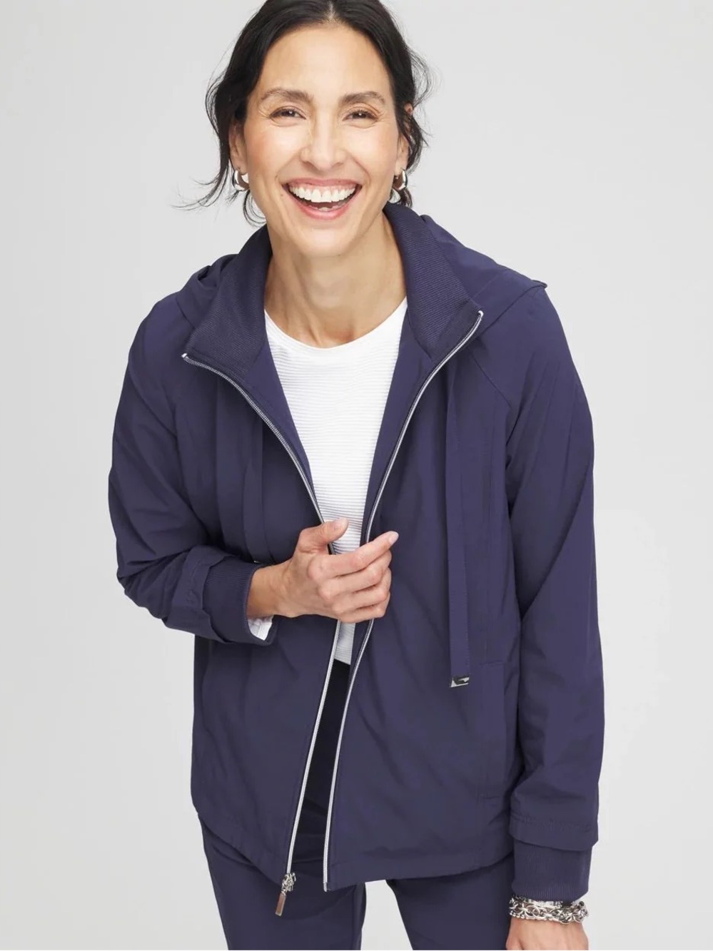 Chico's Navy Zip-Front Hooded Jacket 3/4 sleeve